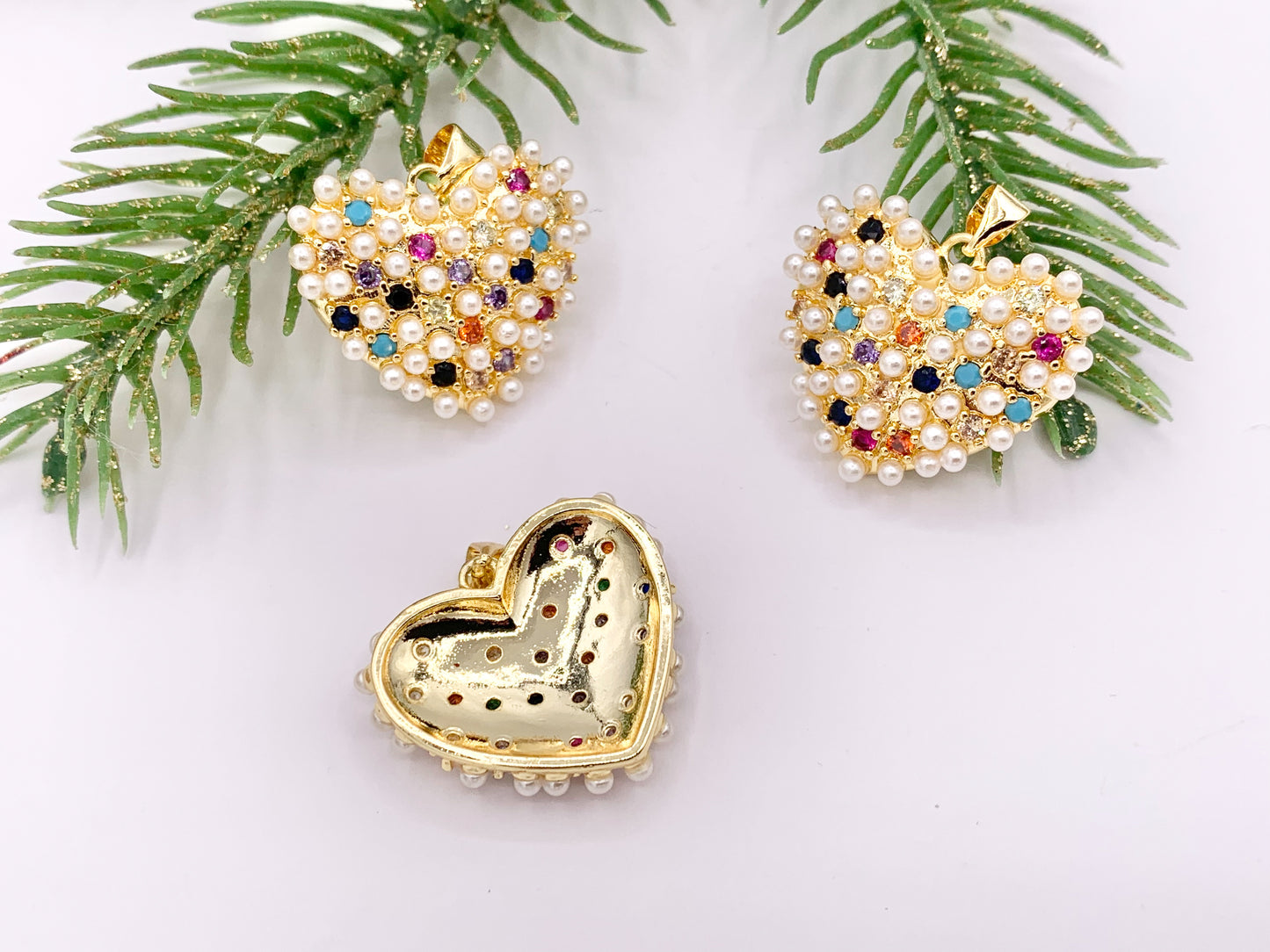 Clear and Multi CZ Pave Pearl Encrusted Puffy Hearts Pendant Charms in Real 18K Gold Plated Copper 5 PCS