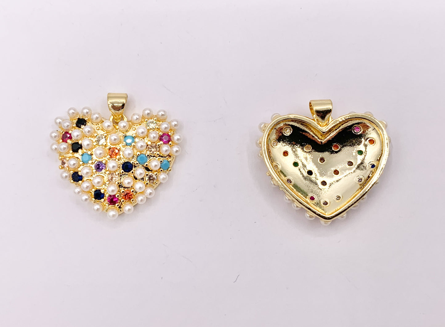 Clear and Multi CZ Pave Pearl Encrusted Puffy Hearts Pendant Charms in Real 18K Gold Plated Copper 5 PCS