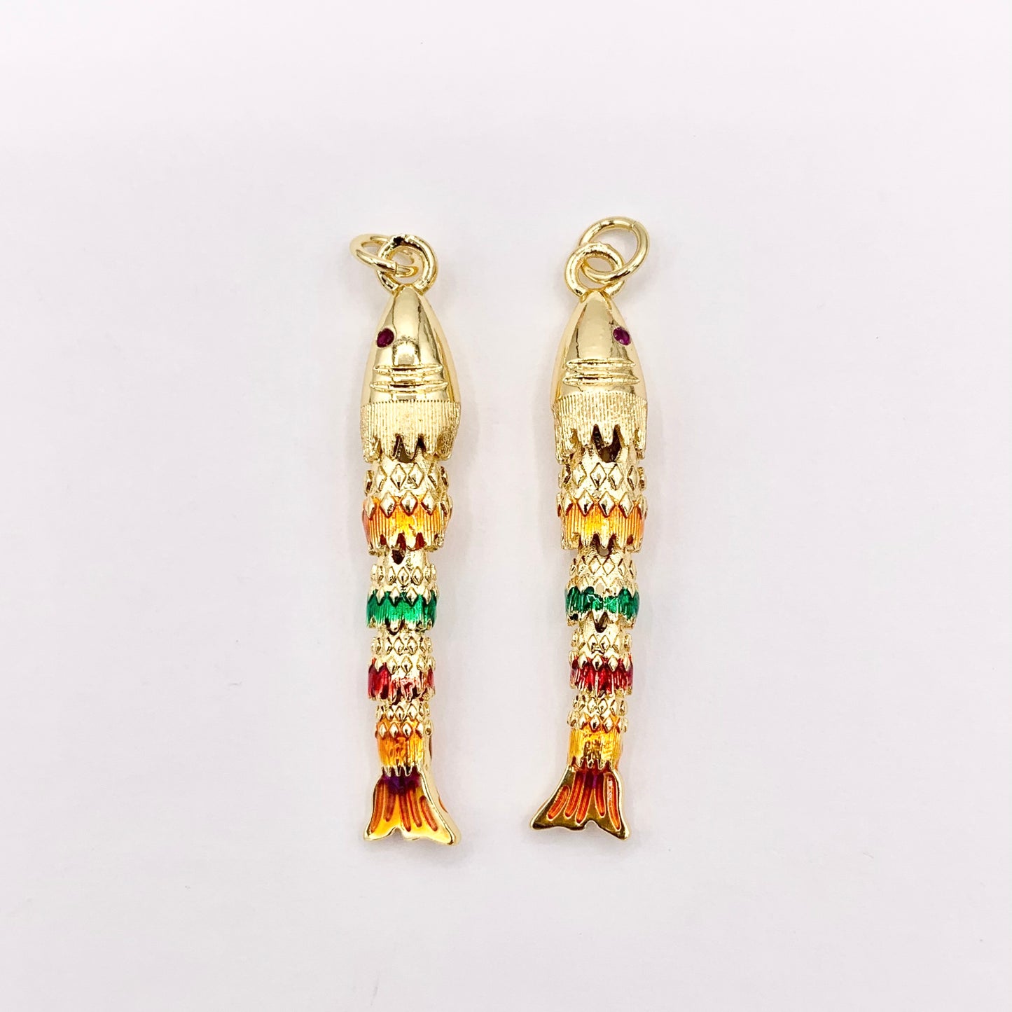 1.5" Long Dangle Colorful Fish Charms in 18K Gold Plated Copper with Enamel Color Plating 5 PCS
