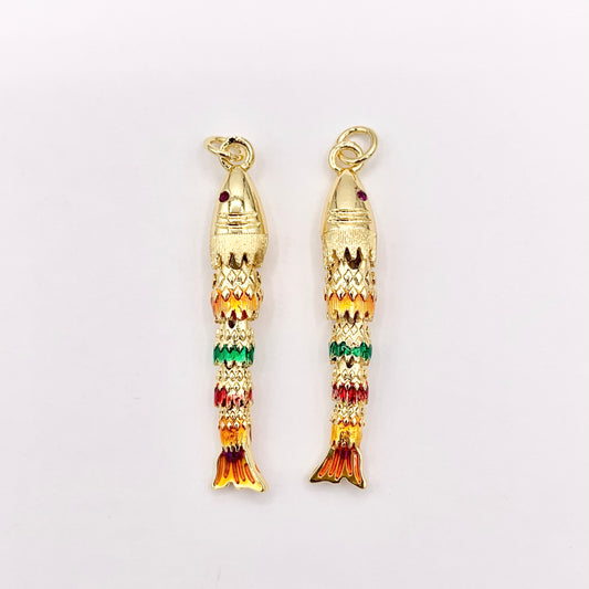 1.5" Long Dangle Colorful Fish Charms in 18K Gold Plated Copper with Enamel Color Plating 5 PCS