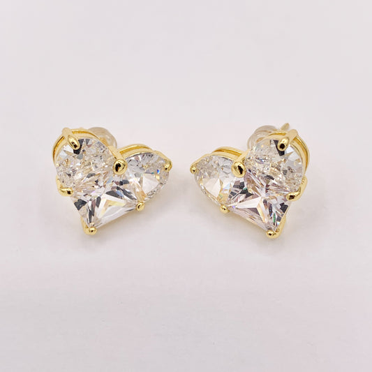 Shiny Heart Earring Studs in Cubic Zirconia 18K Gold plated Copper 3 PAIRS
