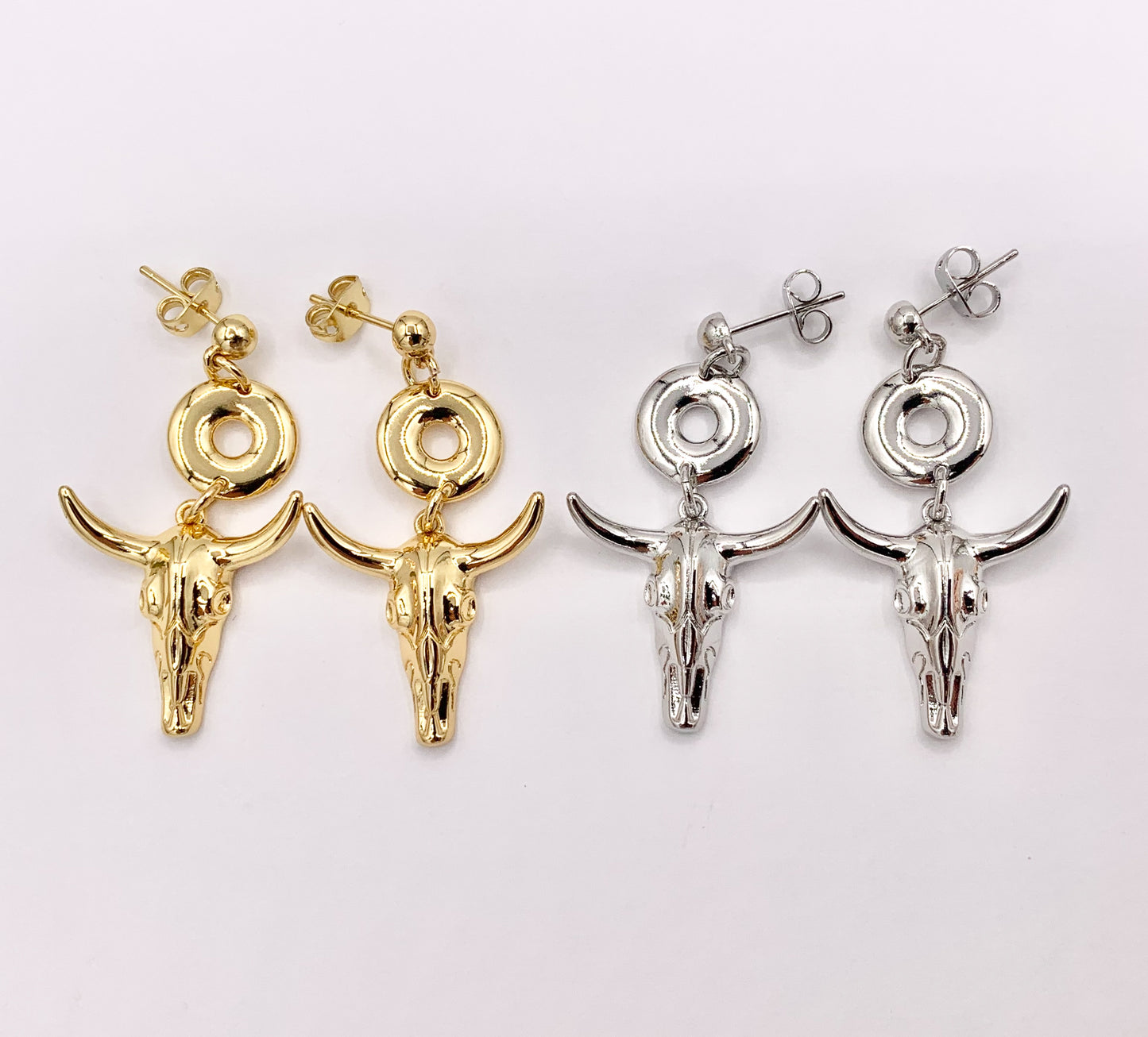 1.5" Long Horn Steer Head Dangle Earrings Stud in 18K Gold/Silver Plated Copper 3 PAIRS
