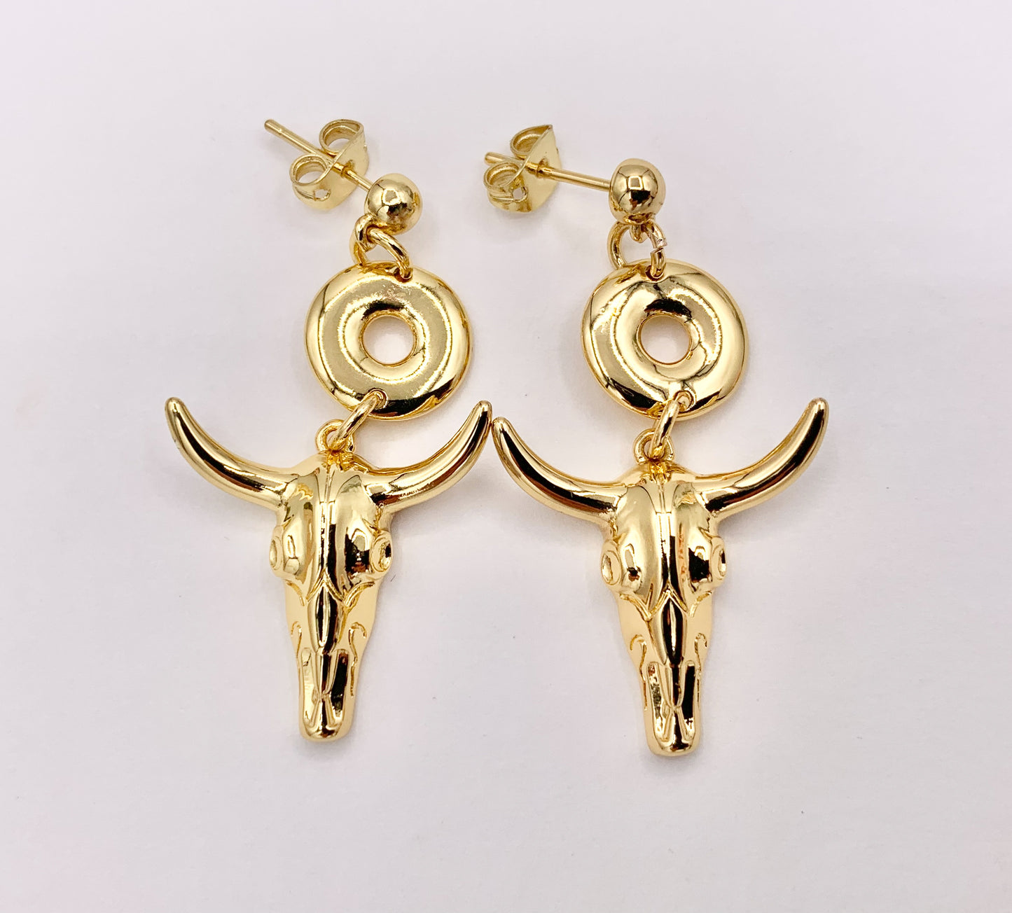1.5" Long Horn Steer Head Dangle Earrings Stud in 18K Gold/Silver Plated Copper 3 PAIRS