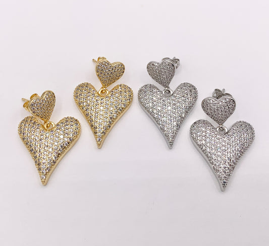 Bold Dangle Puffy Heart Earrings in Rhinestone CZ Pave Designed in 18K Gold or Silver Plated Copper 3 PAIRS