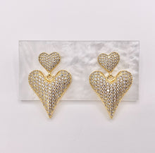 Load image into Gallery viewer, Bold Dangle Puffy Heart Earrings in Rhinestone CZ Pave Designed in 18K Gold or Silver Plated Copper 3 PAIRS
