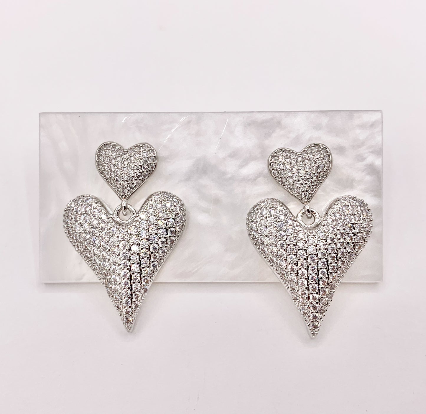 Bold Dangle Puffy Heart Earrings in Rhinestone CZ Pave Designed in 18K Gold or Silver Plated Copper 3 PAIRS
