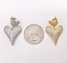 Load image into Gallery viewer, Bold Dangle Puffy Heart Earrings in Rhinestone CZ Pave Designed in 18K Gold or Silver Plated Copper 3 PAIRS

