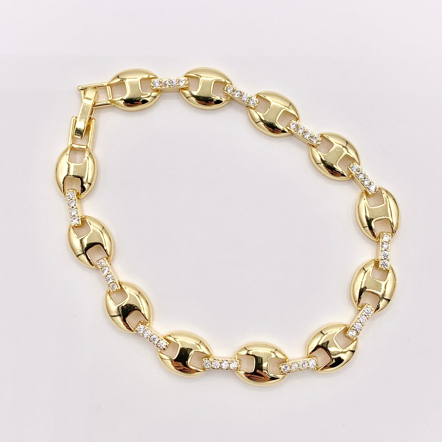6.5-7" Delicate 18K Gold Plated Coffee Bean/ Puffy Mariner Link Rhinestone Chain Bracelet 2PCS