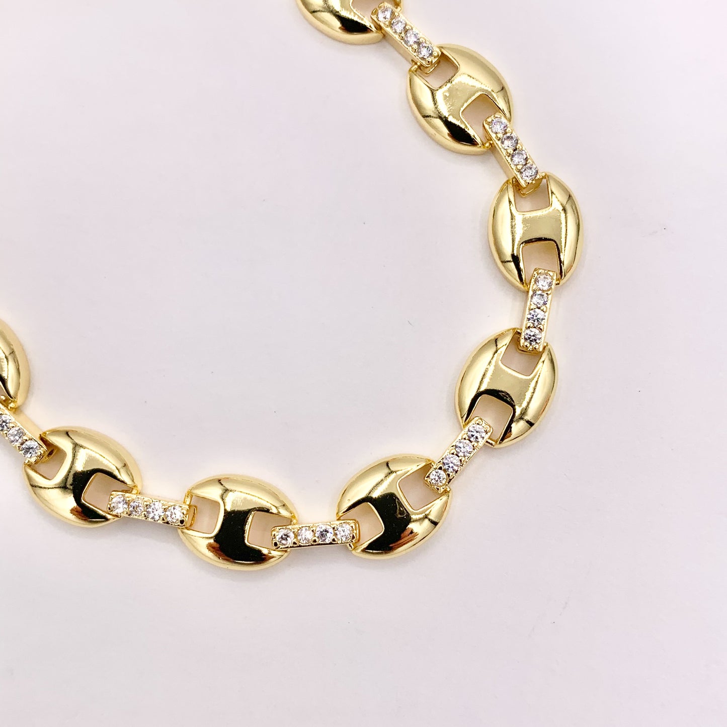 6.5-7" Delicate 18K Gold Plated Coffee Bean/ Puffy Mariner Link Rhinestone Chain Bracelet 2PCS