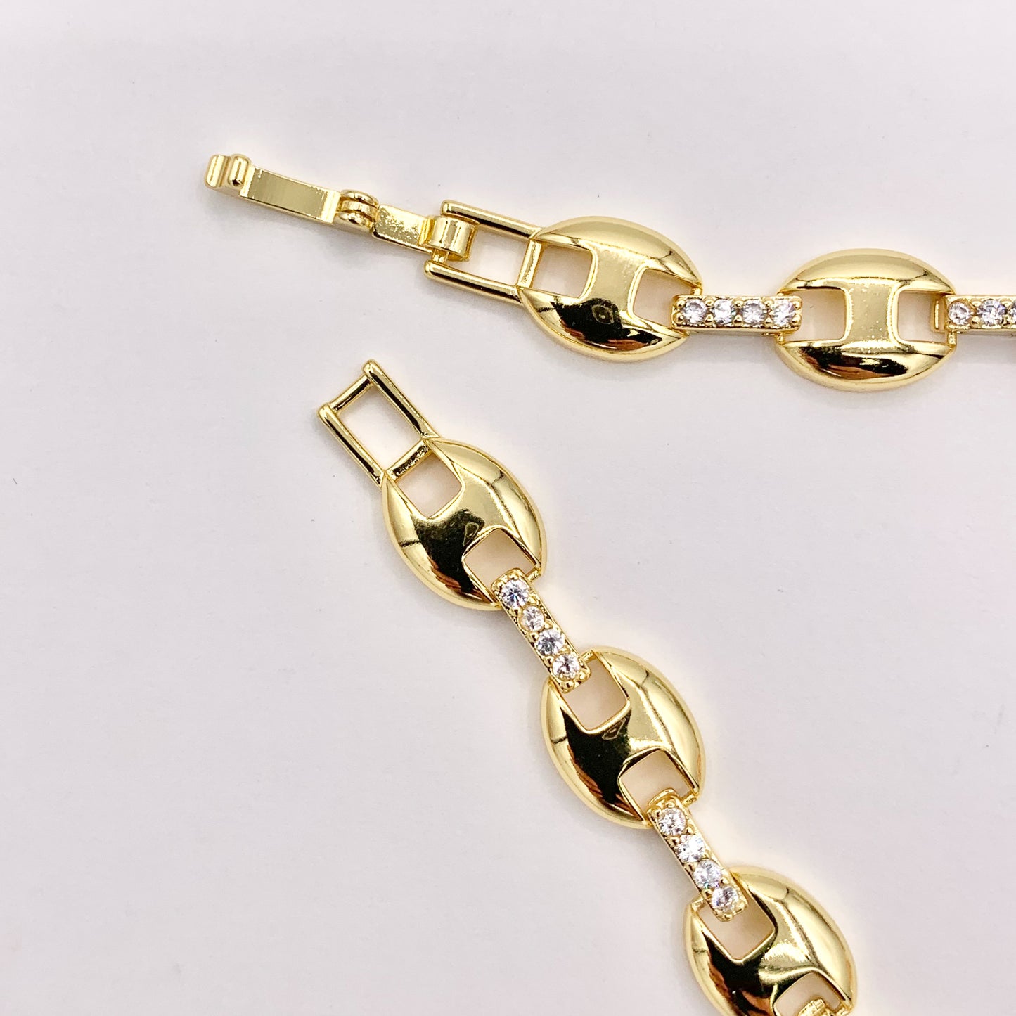 6.5-7" Delicate 18K Gold Plated Coffee Bean/ Puffy Mariner Link Rhinestone Chain Bracelet 2PCS