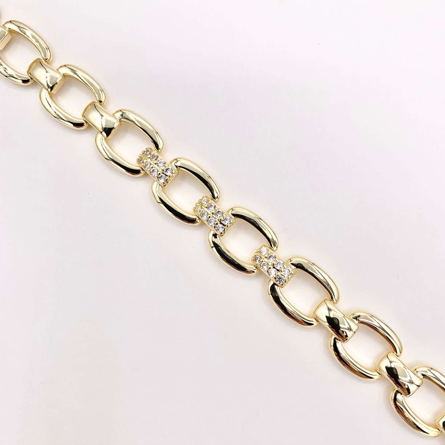 6.5" Delicate 18K Gold Plated Fancy Square Link Rhinestone Chain Bracelet 2PCS
