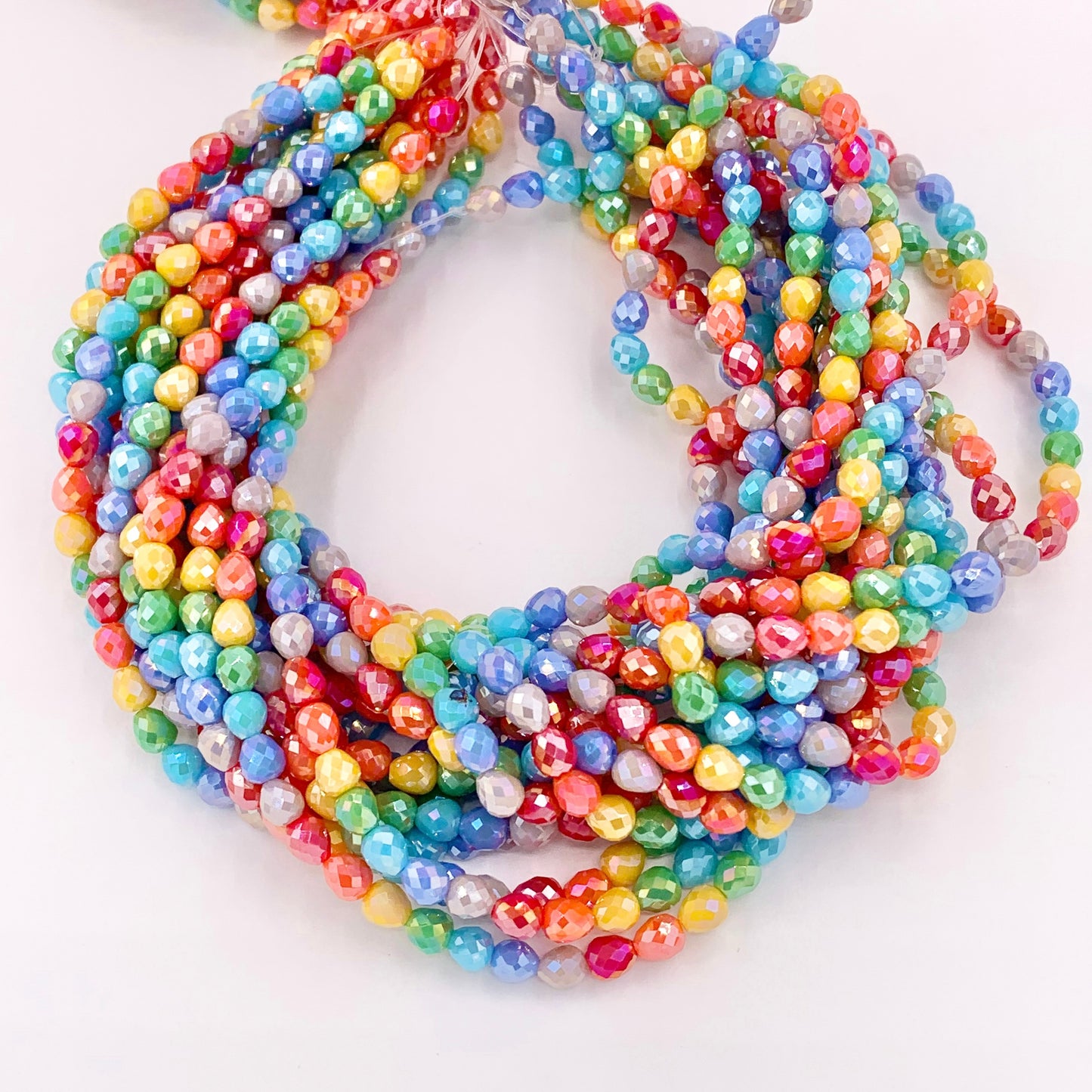 4mm High Quality Rainbow Multicolor Teardrop/Pear Shape Faceted Shiny Crystal Beads 1 Strand 10"