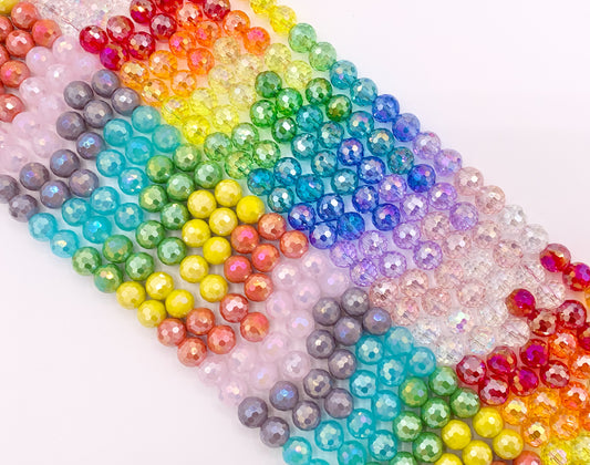 7-8mm High Quality Rainbow Multicolor Crystal Round Faceted Shiny Crystal Beads 1 Strand 10"