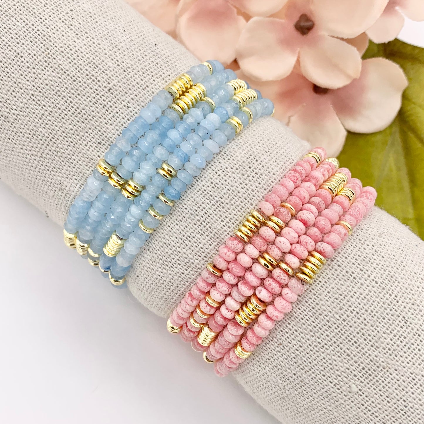 4mm Dyed Jade Beaded Dainty Light Pink & Blue Rondelle Jade with Gold Plated Hematite Saucer Spacers Bracelets 6.5" Price For 1PC