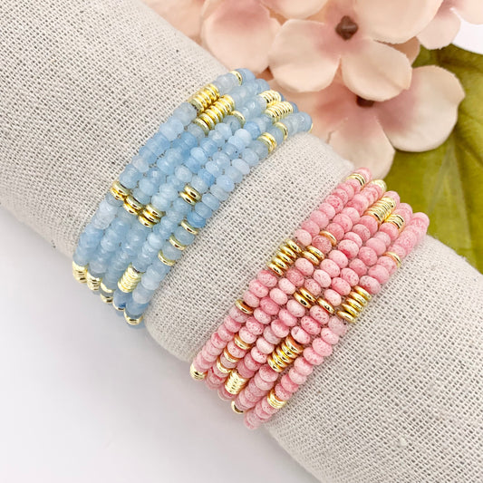 4mm Dyed Jade Beaded Dainty Light Pink & Blue Rondelle Jade with Gold Plated Hematite Saucer Spacers Bracelets 6.5" Price For 1PC