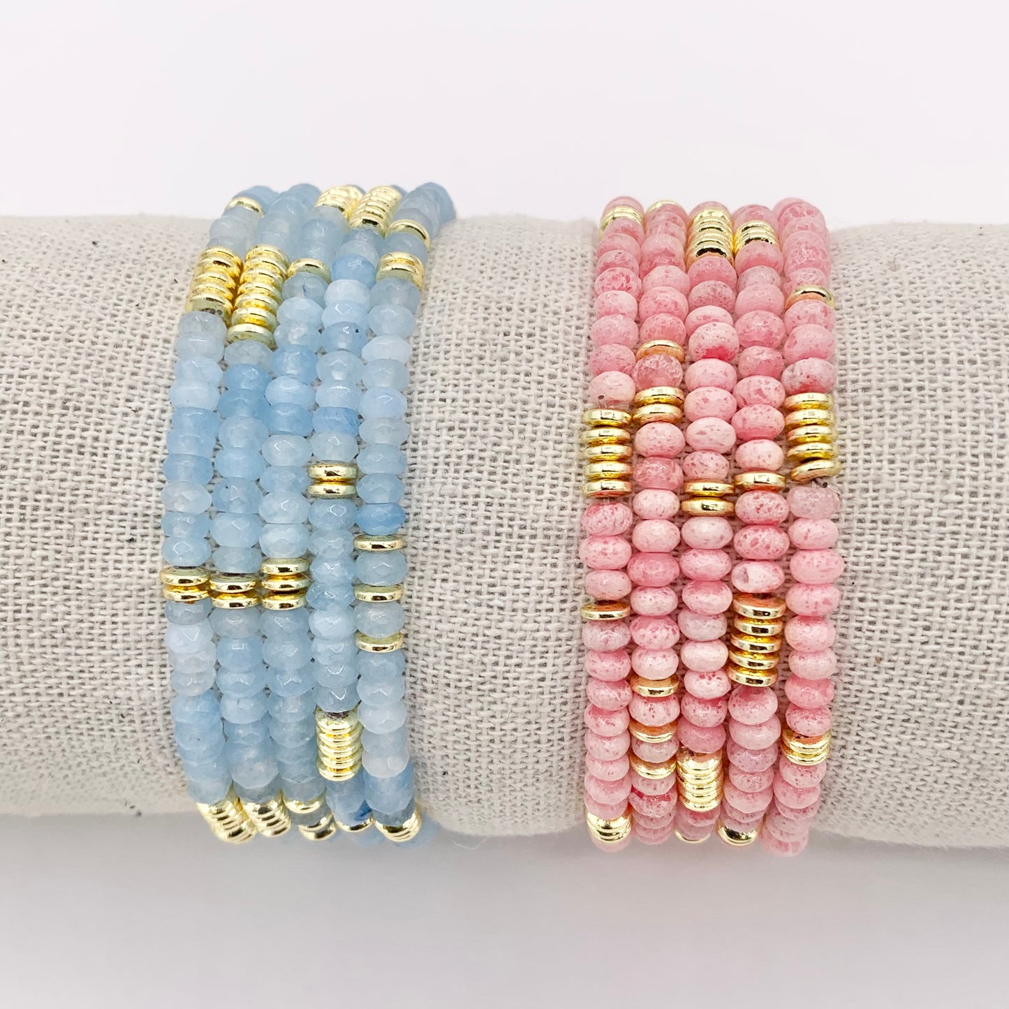 4mm Dyed Jade Beaded Dainty Light Pink & Blue Rondelle Jade with Gold Plated Hematite Saucer Spacers Bracelets 6.5" Price For 1PC