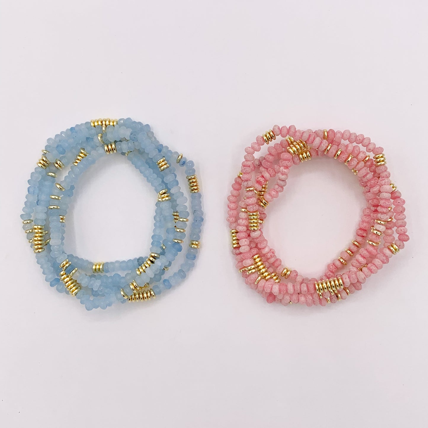 4mm Dyed Jade Beaded Dainty Light Pink & Blue Rondelle Jade with Gold Plated Hematite Saucer Spacers Bracelets 6.5" Price For 1PC