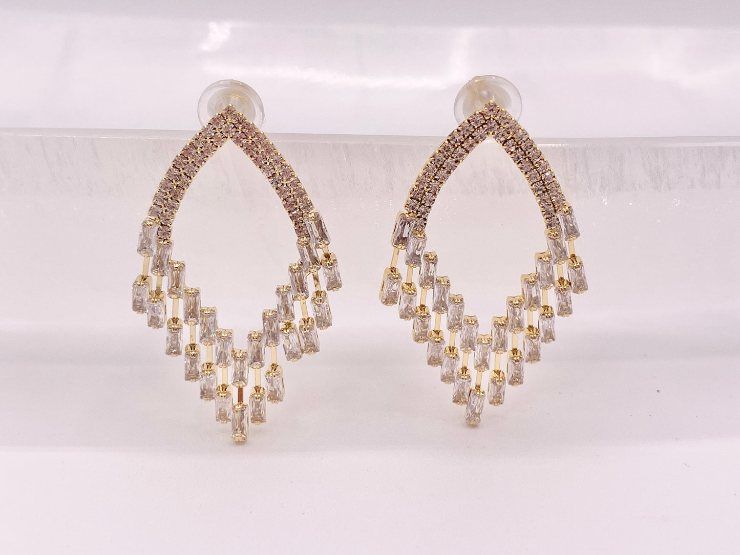 Diamond Shape Chandelier Luxury CZ Pave Earrings in 18k Gold and Silver Over Copper 2 Pairs
