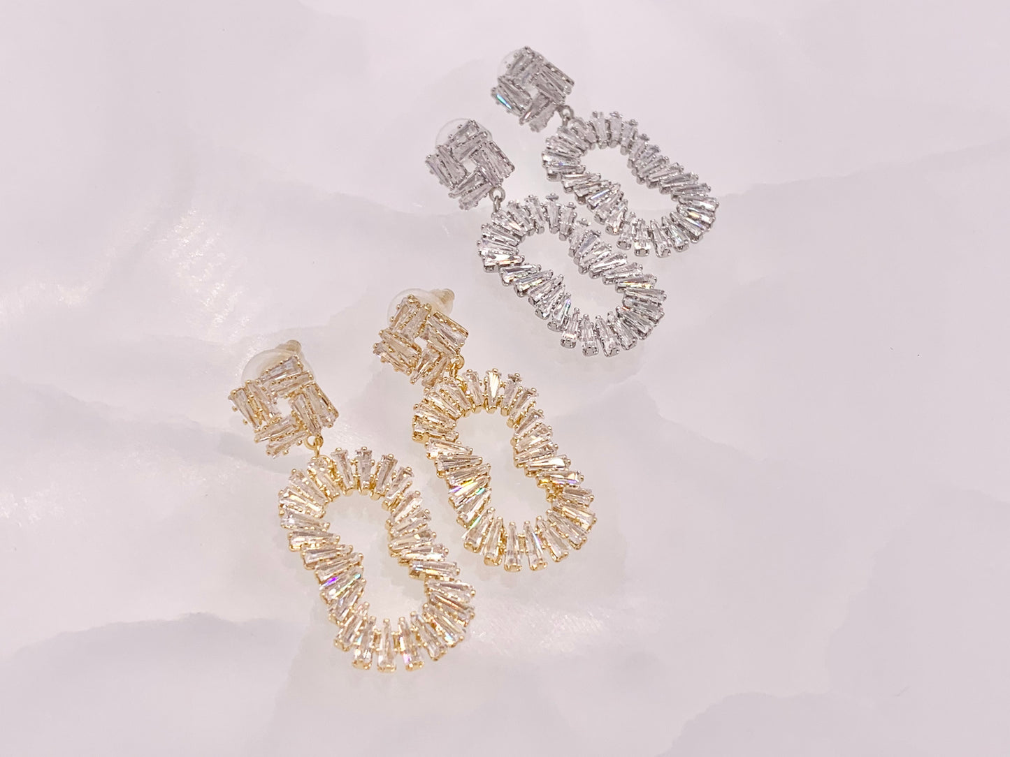 Wavy Oval Luxury Baguette CZ Pave Earrings in 18k Gold and Silver Over Copper 2 Pairs