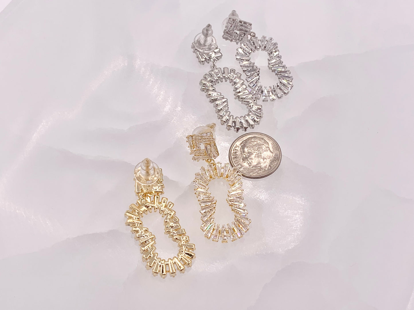 Wavy Oval Luxury Baguette CZ Pave Earrings in 18k Gold and Silver Over Copper 2 Pairs