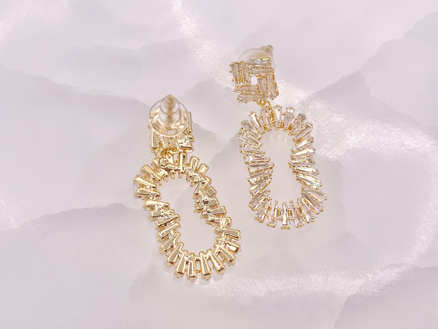 Wavy Oval Luxury Baguette CZ Pave Earrings in 18k Gold and Silver Over Copper 2 Pairs
