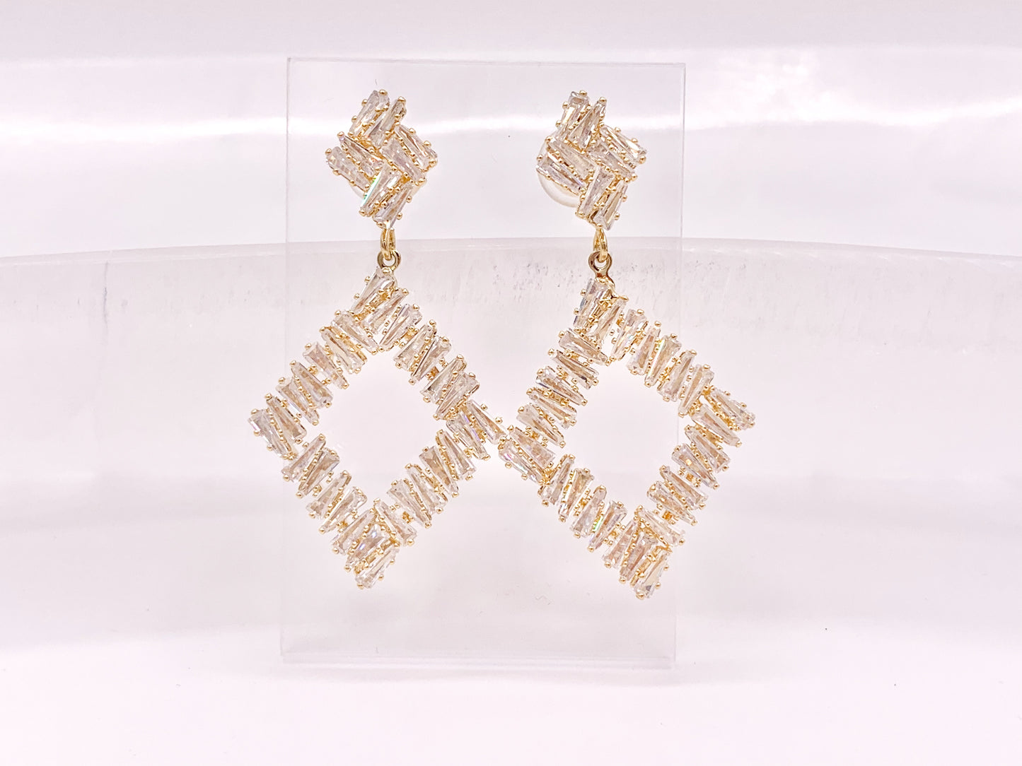Diamond Shape Luxury Baguette CZ Pave Earrings in 18k Gold and Silver Over Copper 2 Pairs