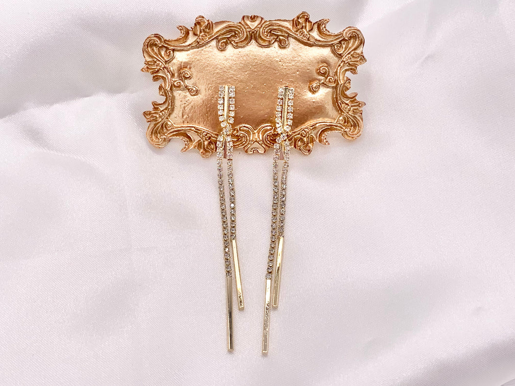 Long Beautiful Delicate CZ Rhinestone Elegant Tassel Stick Earrings in 18K Gold Plated Copper