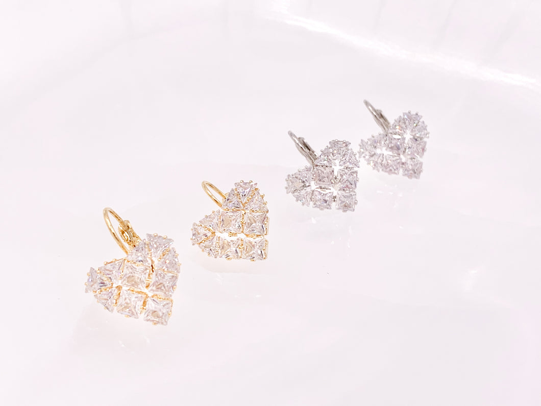 Real 18K Gold/Silver Plated CZ Pave Luxury Heart Shape Lever Back Dangle Earrings Over Copper