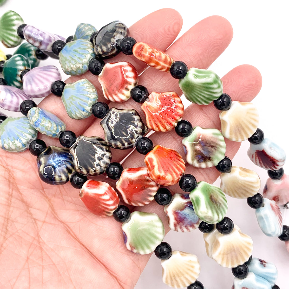 Sea Shell Shape Multicolor Ceramic Porcelain Shiny Beads For Jewelry Making 9" Price For 1 Strand