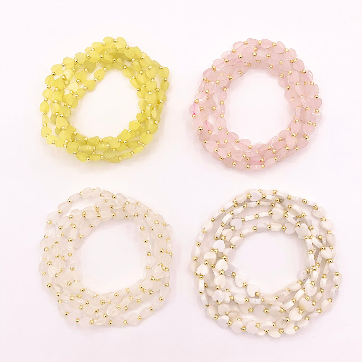 Assorted Stones Hearts With Gold Beads Dainty Stretchy Bracelet 1 piece Quartz, Opal, Amazonite, Tiger's Eye And More 6.75" 1PC