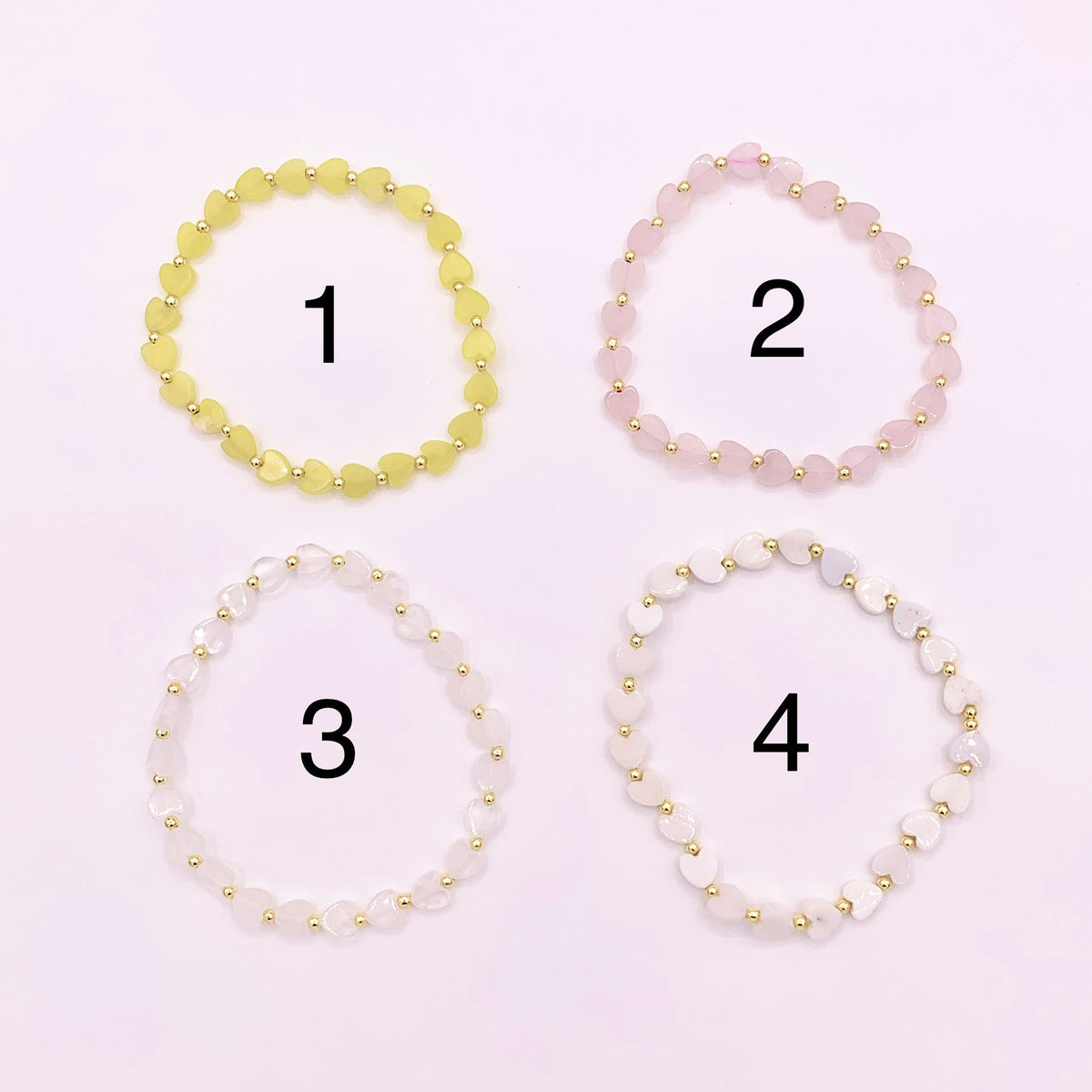 Assorted Stones Hearts With Gold Beads Dainty Stretchy Bracelet 1 piece Quartz, Opal, Amazonite, Tiger's Eye And More 6.75" 1PC