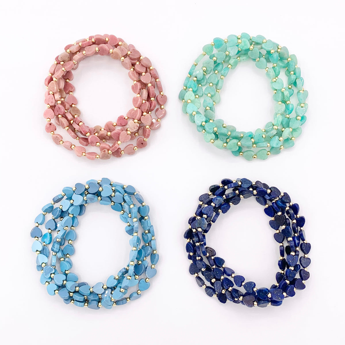 Assorted Stones Hearts With Gold Beads Dainty Stretchy Bracelet 1 piece Quartz, Opal, Amazonite, Tiger's Eye And More 6.75" 1PC