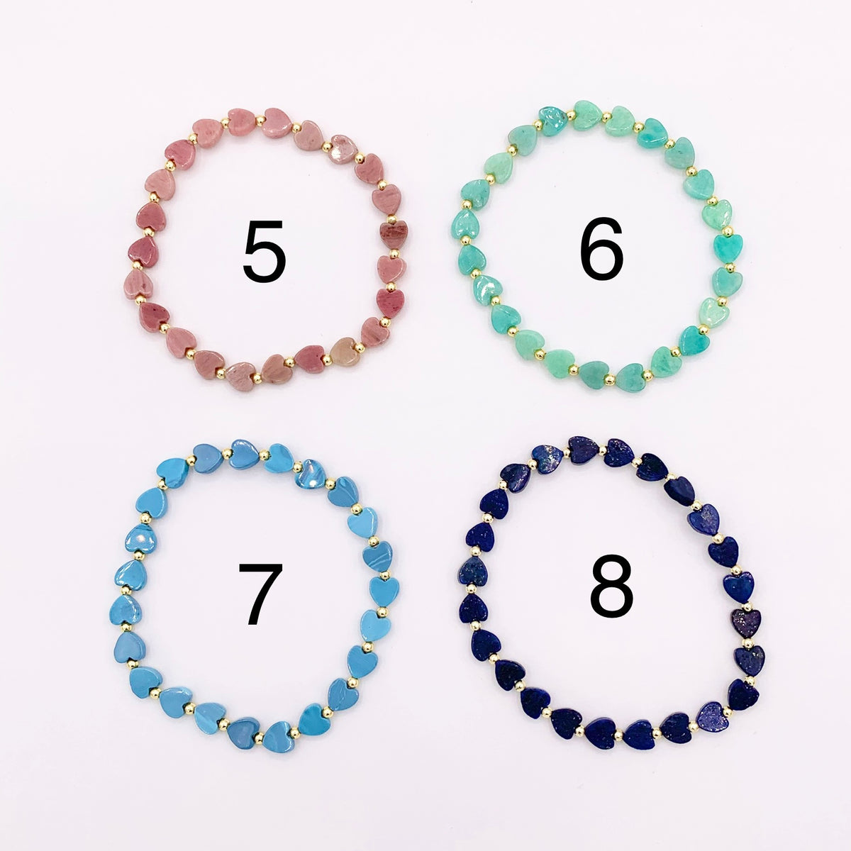 Assorted Stones Hearts With Gold Beads Dainty Stretchy Bracelet 1 piece Quartz, Opal, Amazonite, Tiger's Eye And More 6.75" 1PC