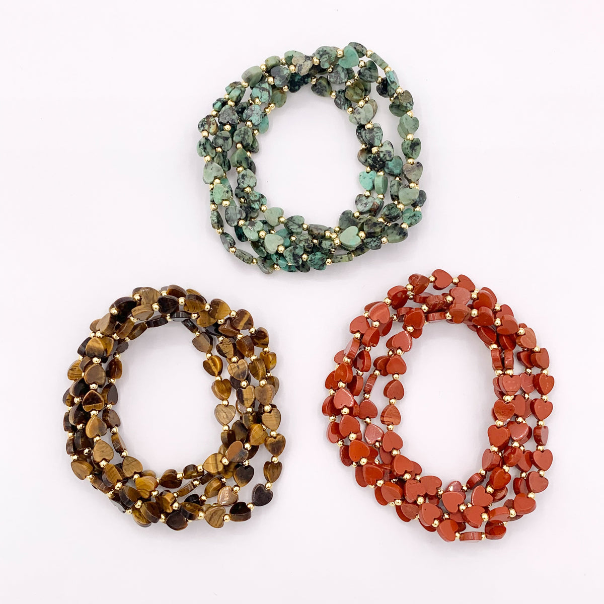 Assorted Stones Hearts With Gold Beads Dainty Stretchy Bracelet 1 piece Quartz, Opal, Amazonite, Tiger's Eye And More 6.75" 1PC