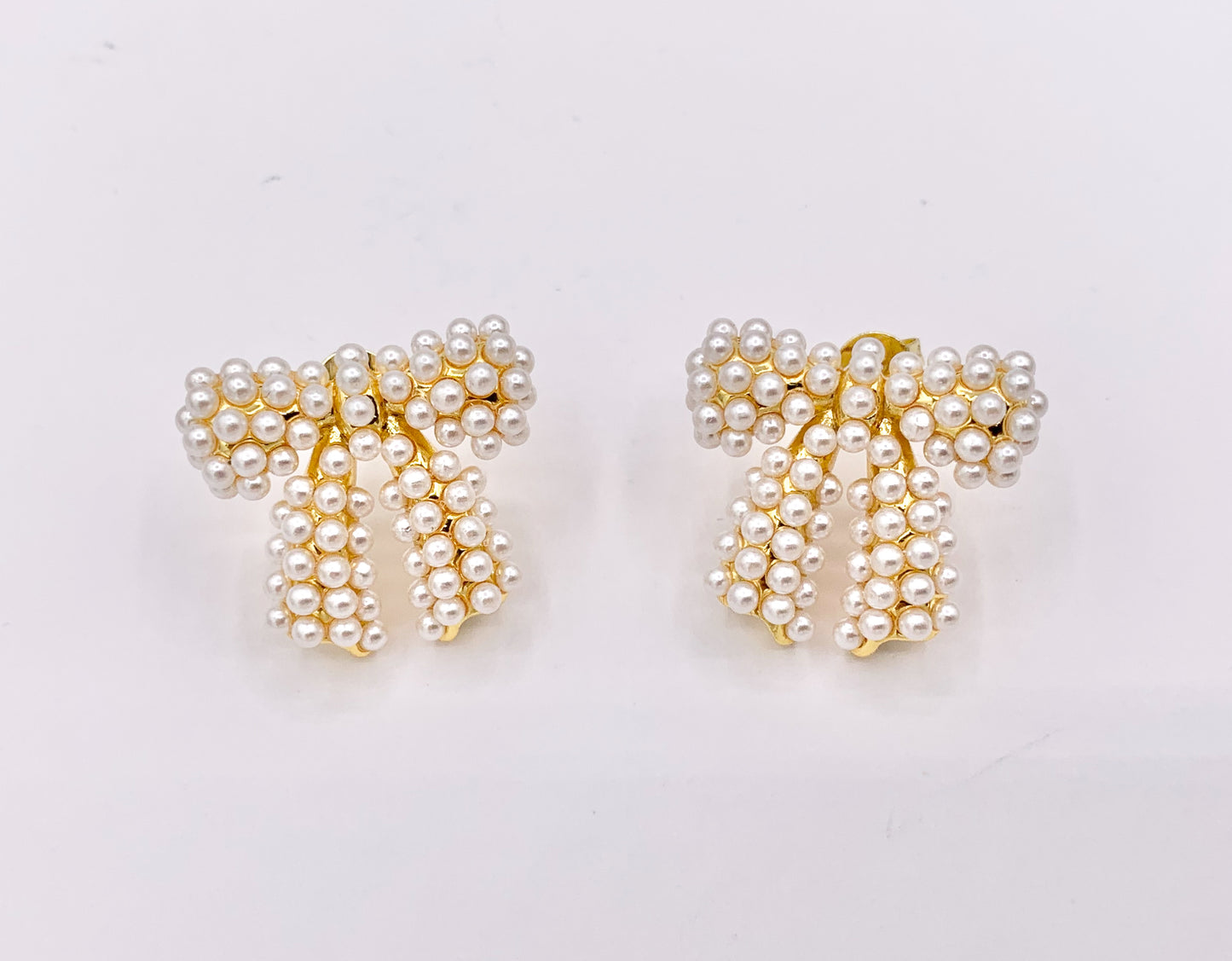 Cute Bowtie Studs with Pearls and CZ Pave in 18K Gold plated Copper 3 PAIRS