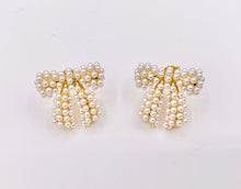 Load image into Gallery viewer, Cute Bowtie Studs with Pearls and CZ Pave in 18K Gold plated Copper 3 PAIRS
