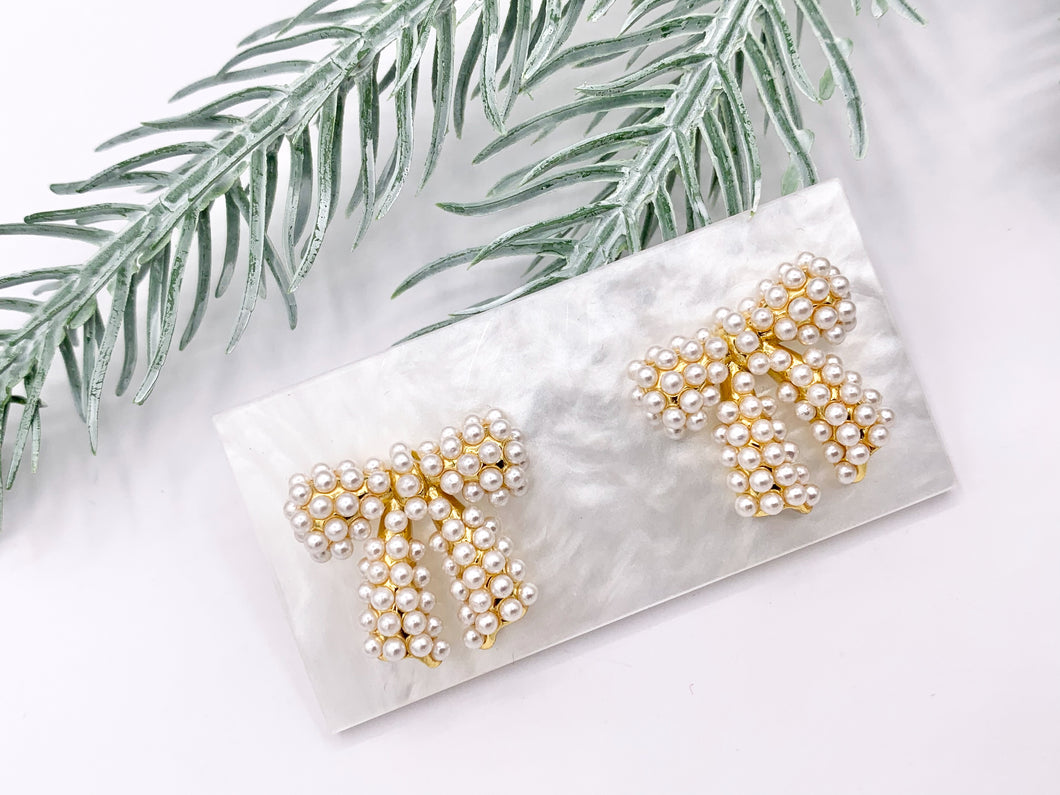 Cute Bowtie Studs with Pearls and CZ Pave in 18K Gold plated Copper 3 PAIRS