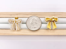 Load image into Gallery viewer, Cute Bowtie Studs with Pearls and CZ Pave in 18K Gold plated Copper 3 PAIRS
