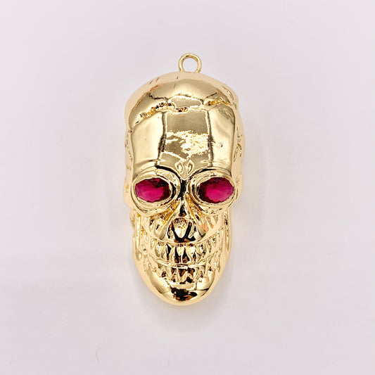 Large Gold Skull Pendant With Red CZ Pave Plated in 18K Gold Copper Base 1 PC