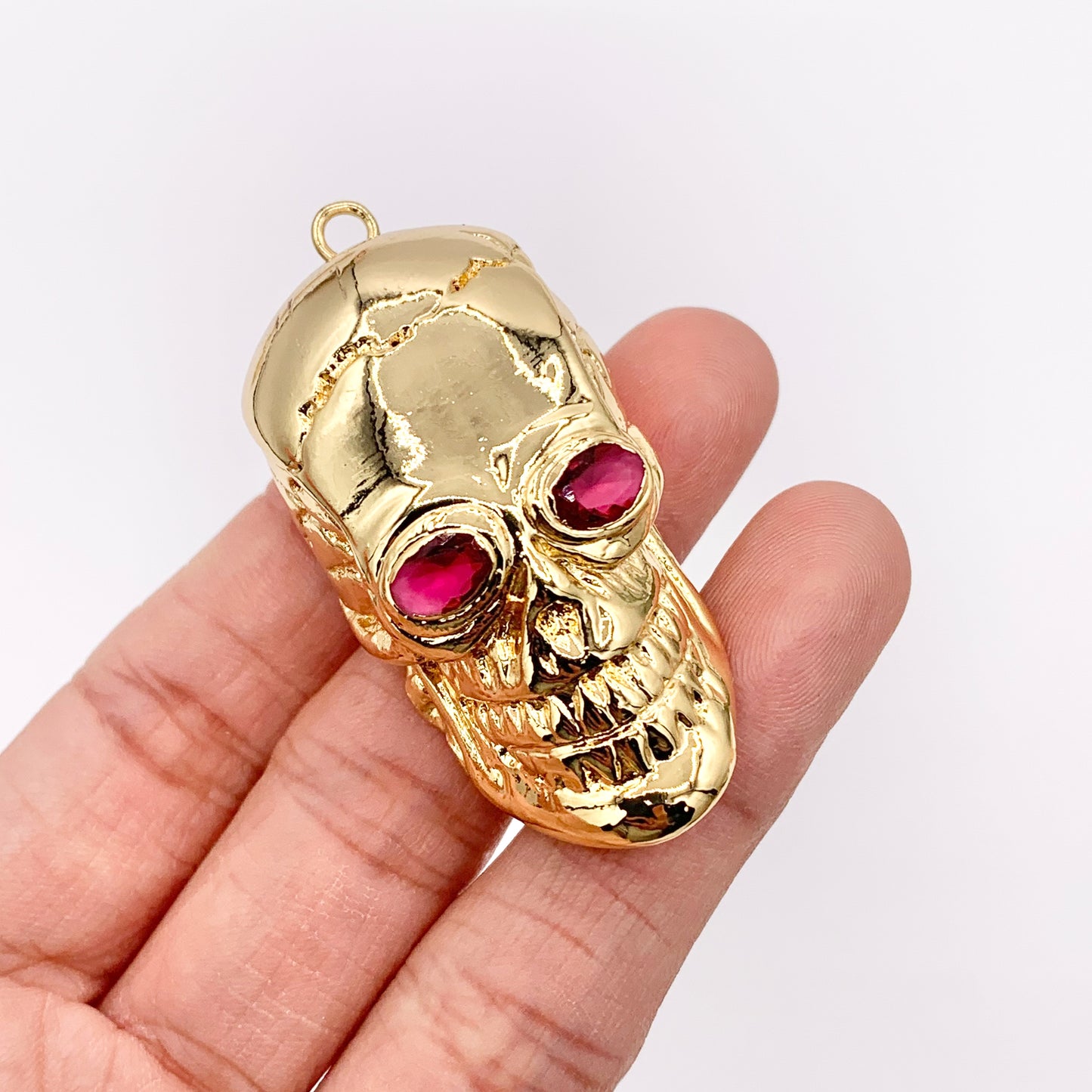 Large Gold Skull Pendant With Red CZ Pave Plated in 18K Gold Copper Base 1 PC