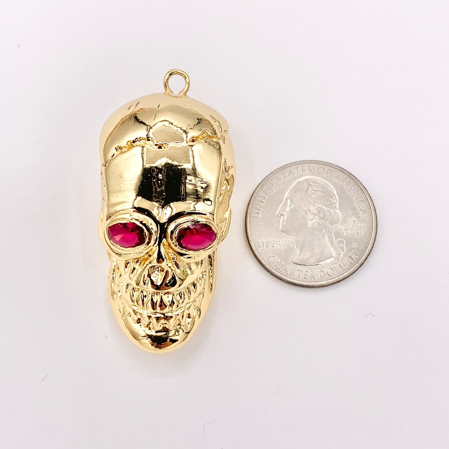 Large Gold Skull Pendant With Red CZ Pave Plated in 18K Gold Copper Base 1 PC