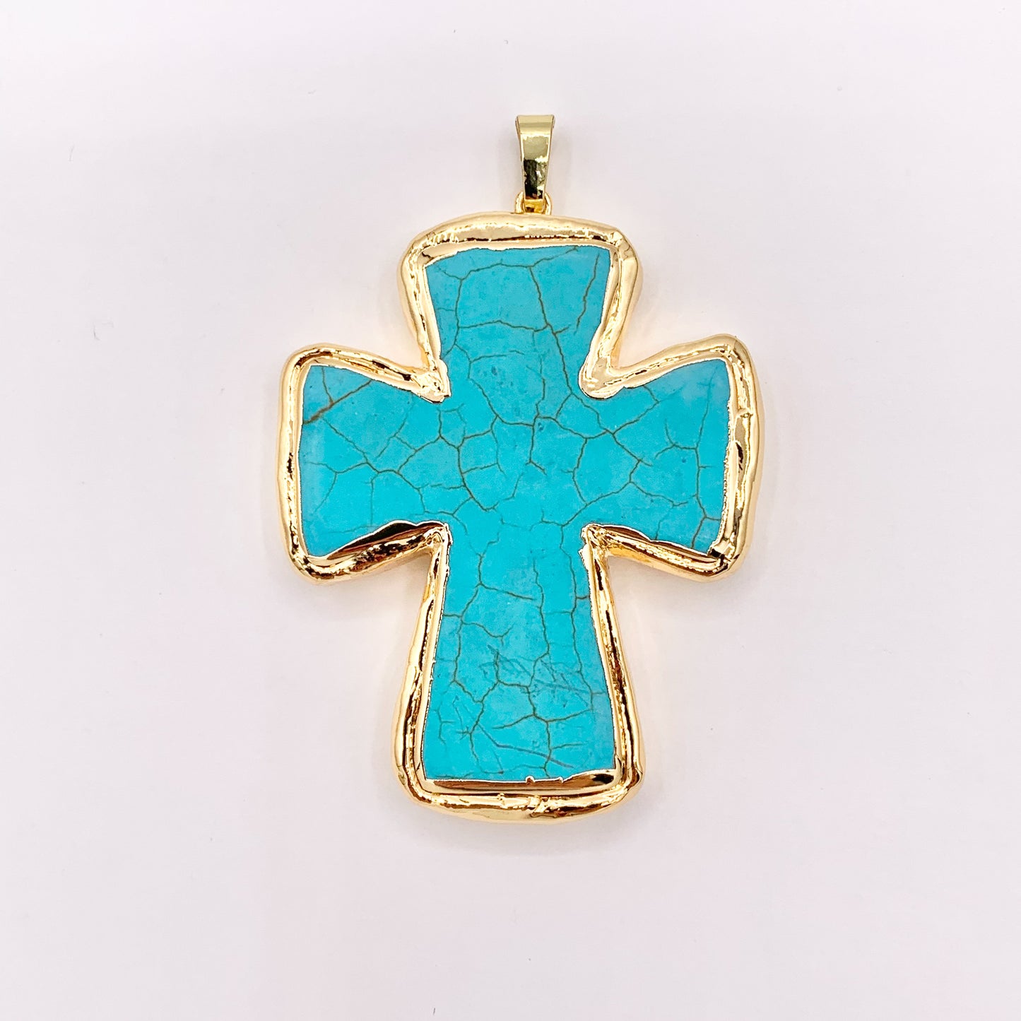 2" Long Gold Trim Turquoise Howlite Cross Pendant in 18K Gold Plated Copper 3 PCS