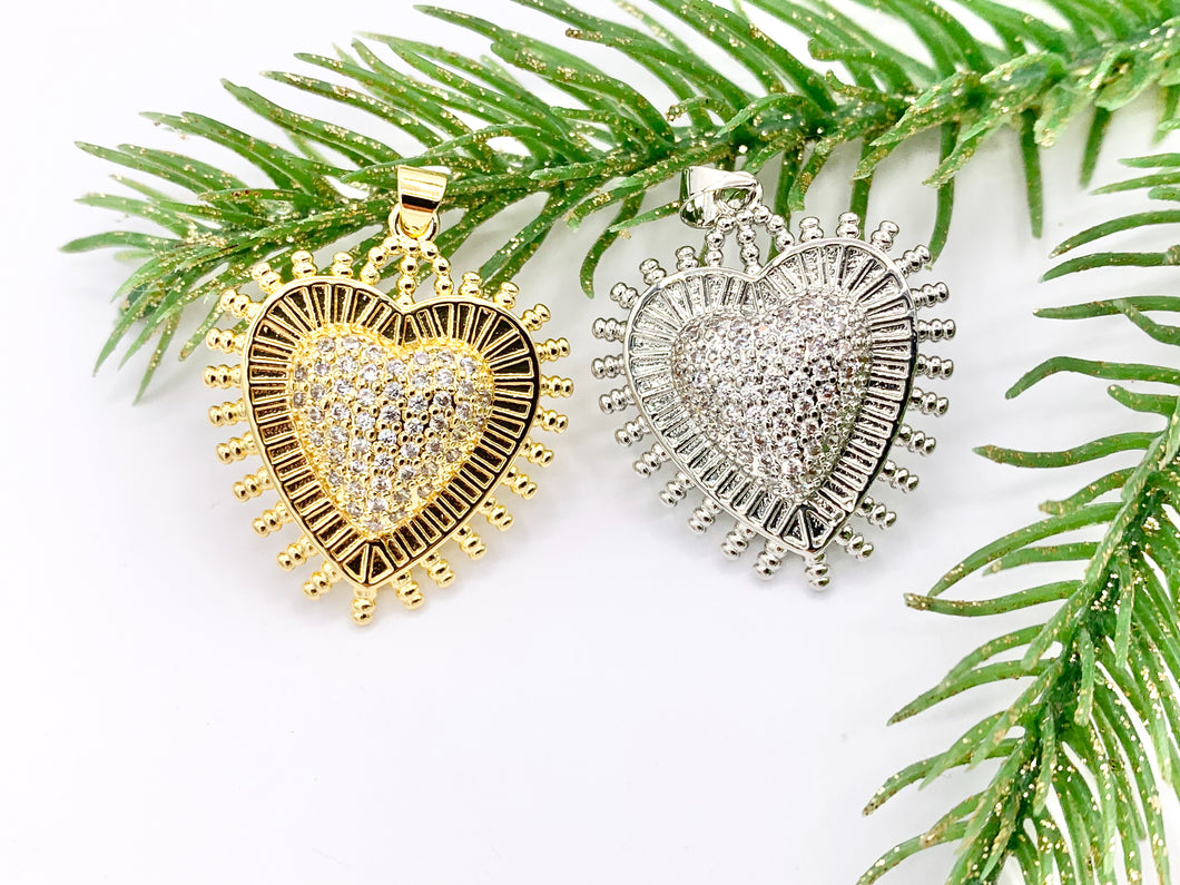 Large Puffy Heart Burst Pendant One Sided Rhinestone CZ Pave Designed in 18K Gold or Silver Plated Copper 5 PCS