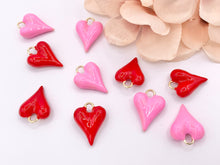 Load image into Gallery viewer, Pink and Red Enamel Heart Charm Double Sided Puffy Heart Valentine&#39;s Day Pendants in 18K Gold Plated Over Copper  8 PCS
