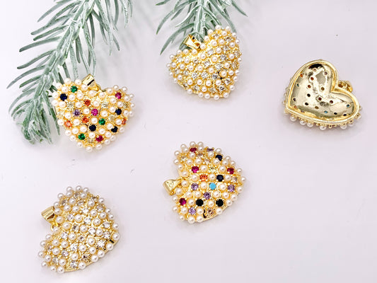 Clear and Multi CZ Pave Pearl Encrusted Puffy Hearts Pendant Charms in Real 18K Gold Plated Copper 5 PCS