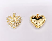 Load image into Gallery viewer, Clear and Multi CZ Pave Pearl Encrusted Puffy Hearts Pendant Charms in Real 18K Gold Plated Copper 5 PCS
