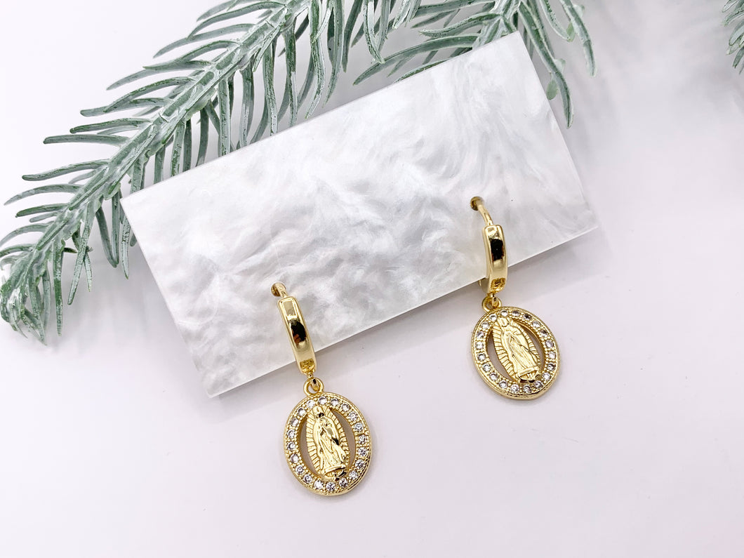 Dainty CZ Pave Virgin Mary Dangle Earring Huggies in 18K Gold Plated Copper 5 PAIRS