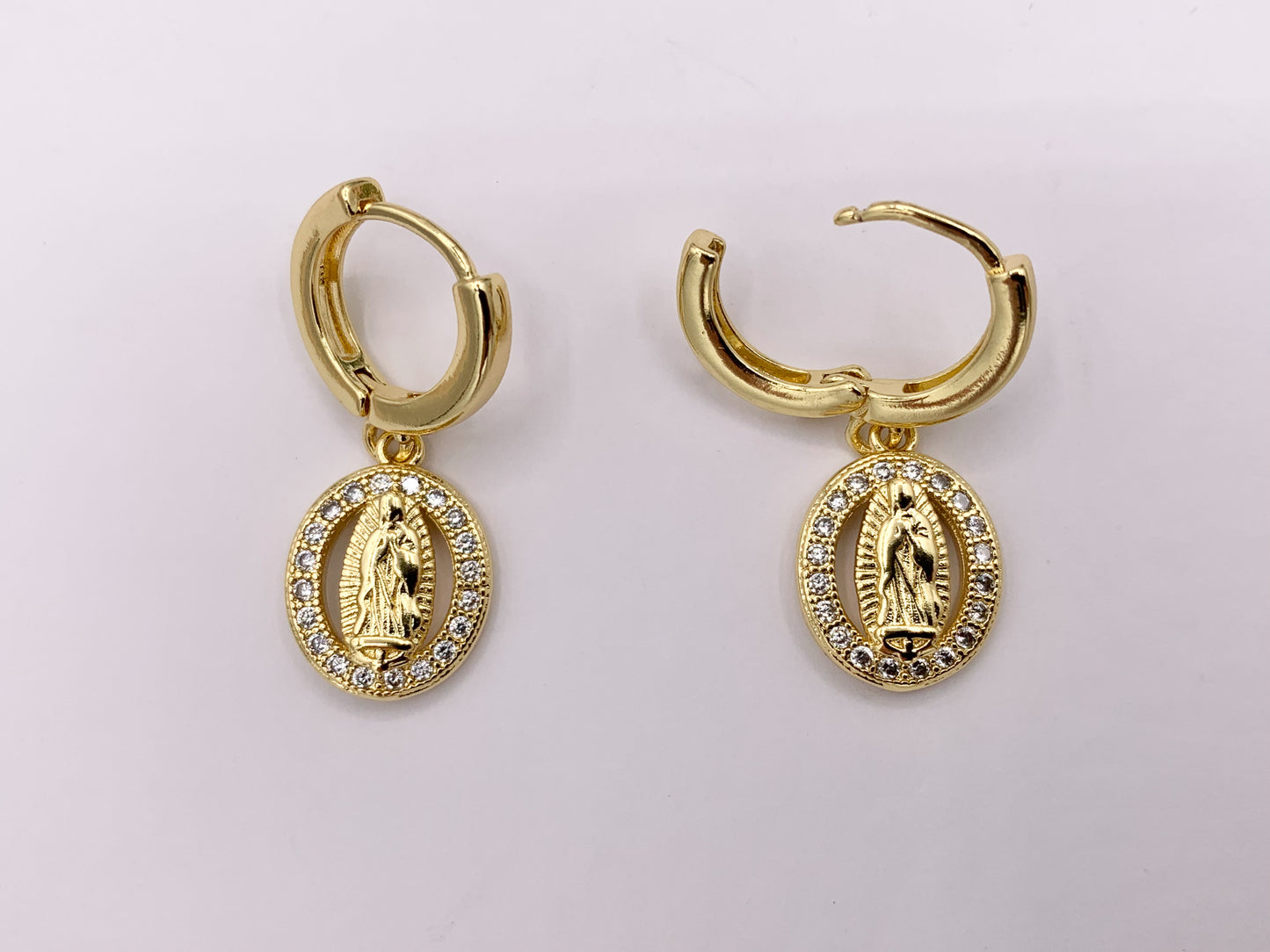 Dainty CZ Pave Virgin Mary Dangle Earring Huggies in 18K Gold Plated Copper 5 PAIRS