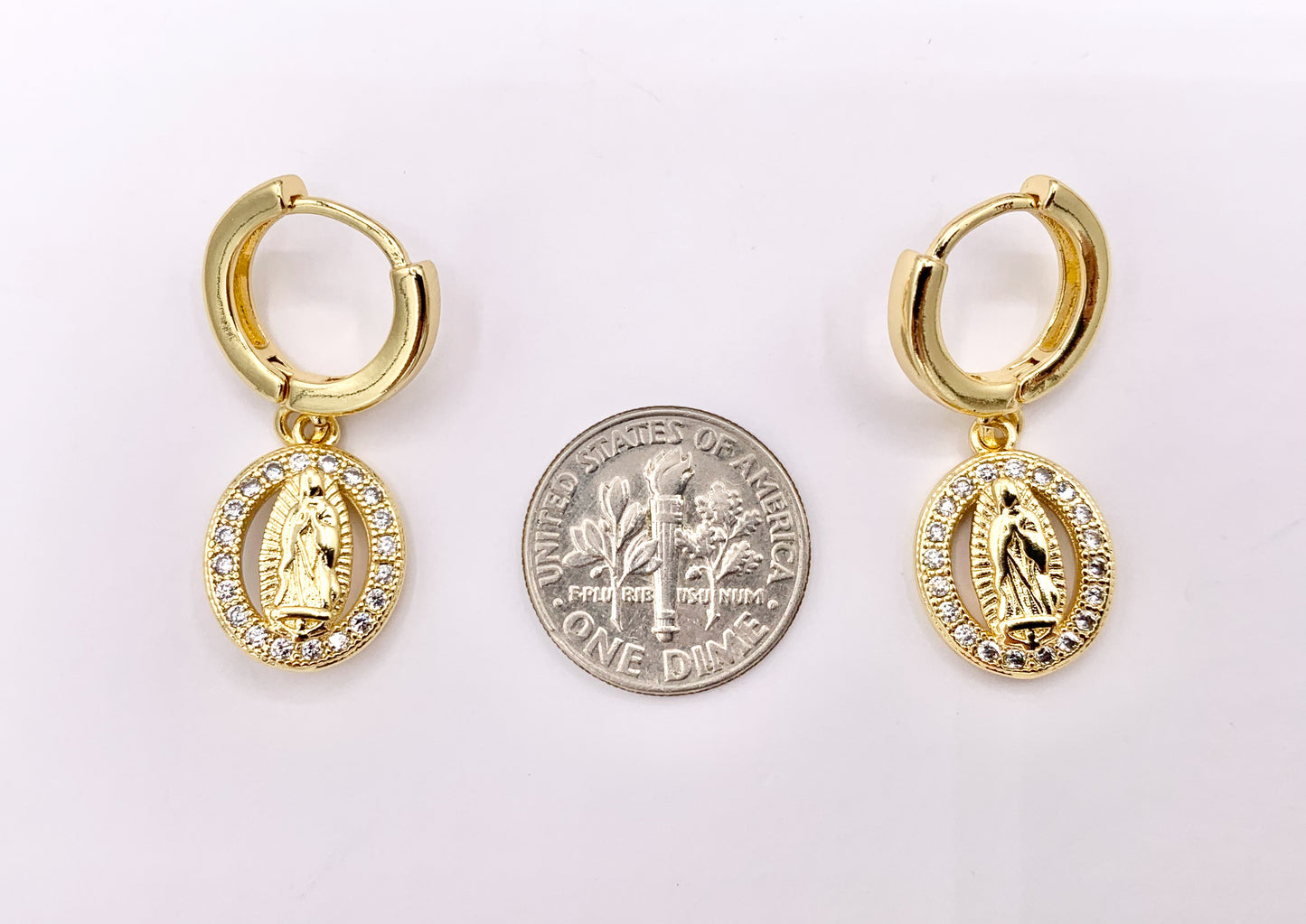 Dainty CZ Pave Virgin Mary Dangle Earring Huggies in 18K Gold Plated Copper 5 PAIRS