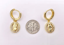 Load image into Gallery viewer, Dainty CZ Pave Virgin Mary Dangle Earring Huggies in 18K Gold Plated Copper 5 PAIRS
